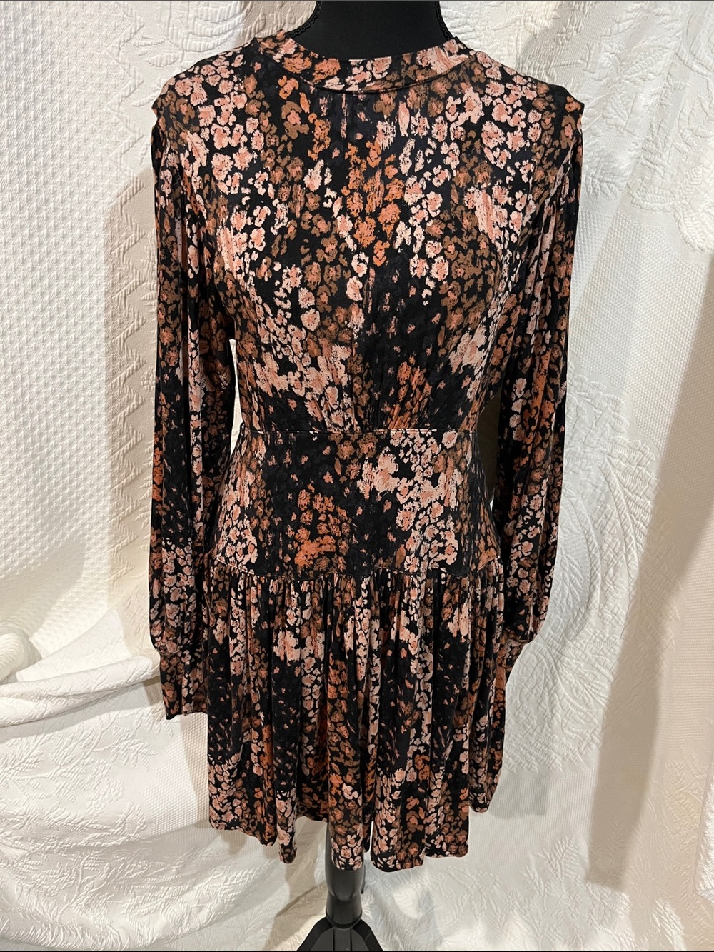 Free People Heartbeats Floral Black Dress with Peach and Cream Print, size small